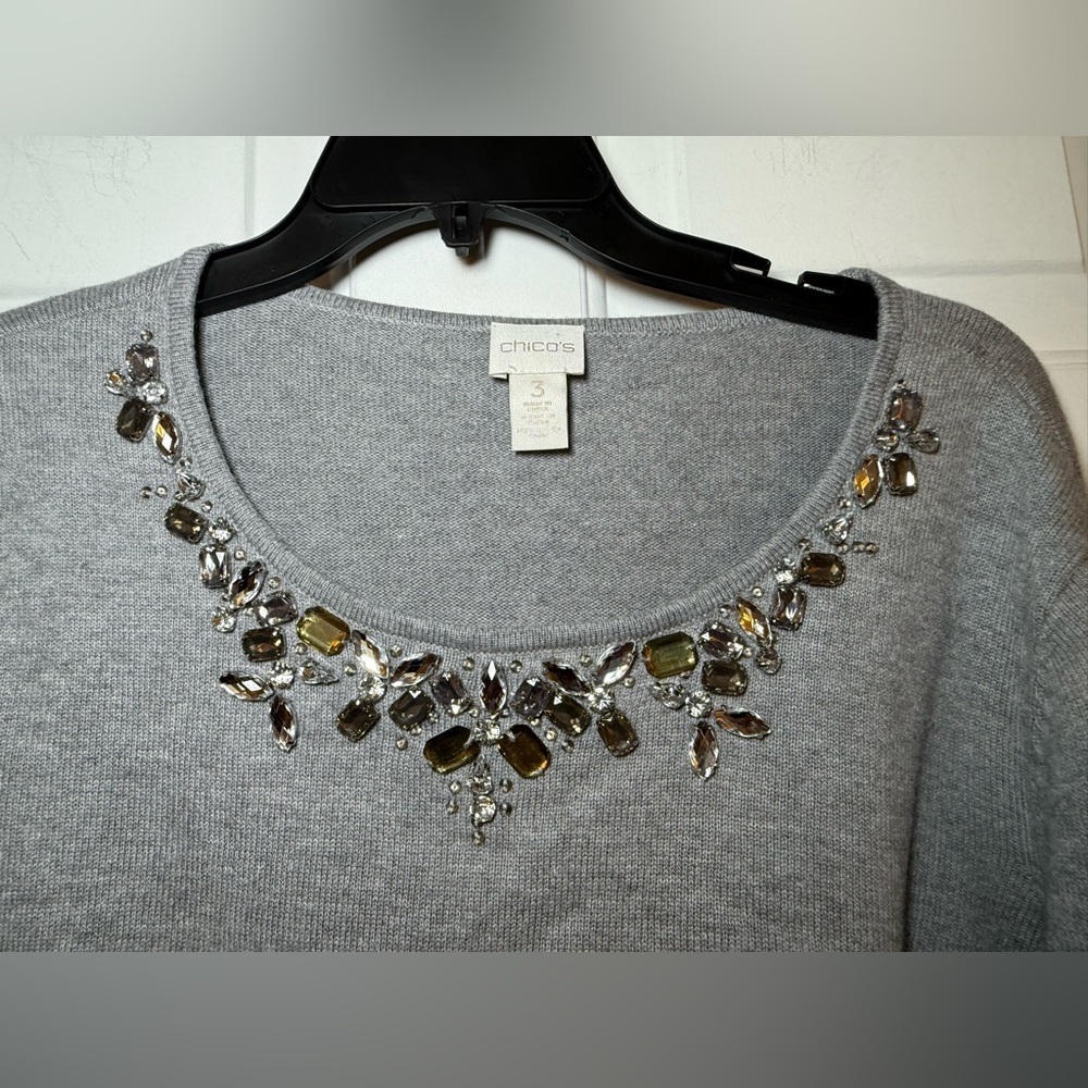 Chico Bejeweled Neckline Gray Scoop Neck Sweater Sparkle Fancy Size 3 (XL) Soft